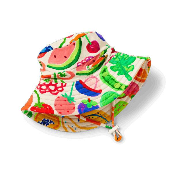 Halcyon Nights Swim Bucket Hat in Eat The Rainbow print—baby swim hat with wide brim, chin ties, adjustable fit and UPF 50+ protection