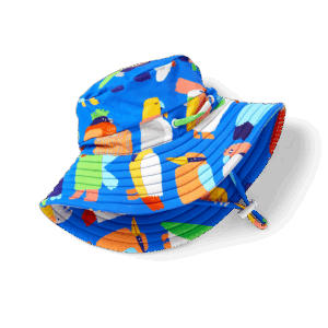 Halcyon Nights Swim Bucket Hat in Flamin' Galahs print—baby swim hat with wide brim, chin ties, adjustable fit and pink galah design