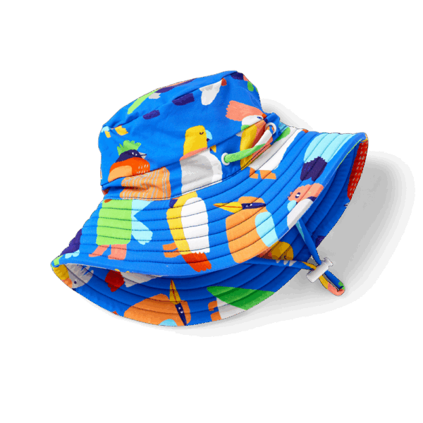 Halcyon Nights Swim Bucket Hat in Flamin' Galahs print—baby swim hat with wide brim, chin ties, adjustable fit and pink galah design