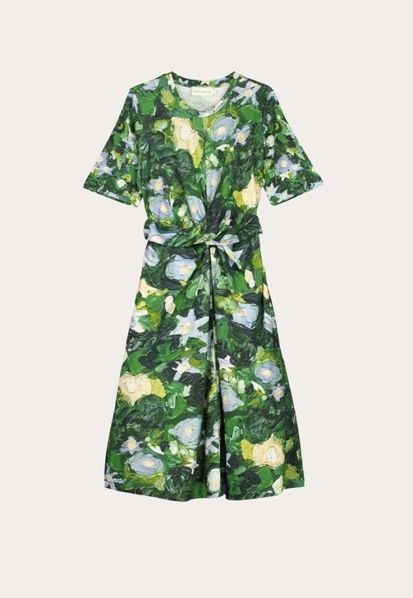 Nancybird Terra Short Sleeve Wrap Dress in Garden print—organic cotton jersey midi dress with short sleeves, crew neck, wrap tie waist and botanical green‑leaf artwork