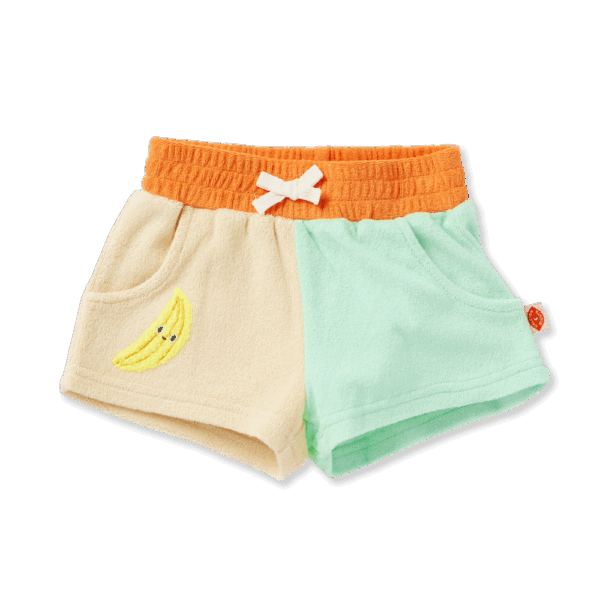 Halcyon Nights Peel Party Terry Shorts—kids' soft cotton terry shorts in peach with elastic waistband and relaxed summer fit