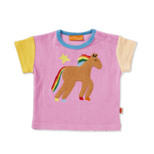 Halcyon Nights Giddy Up Terry T Shirt—short sleeve kids cotton tee in soft terry fabric with cheerful horse-themed print and shoulder snap buttons