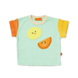 Halcyon Nights Peel Party Terry T Shirt—short sleeve kids tee in peach-coloured cotton terry with textured fruit applique and shoulder snap buttons