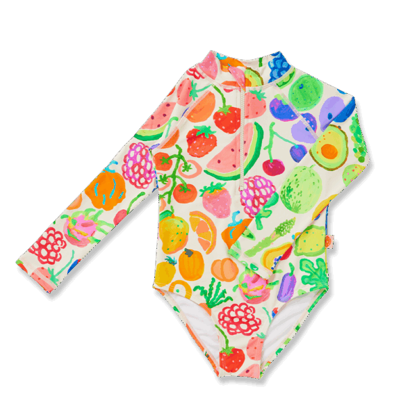 Halcyon Nights Long Sleeve Zip Bather in Eat The Rainbow print—kids swimsuit with front zip, full sleeves, bright rainbow design, and UPF 50+ protection