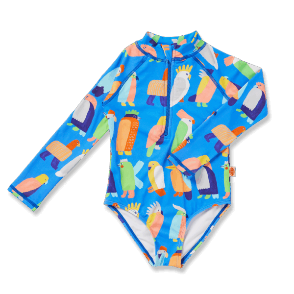 Halcyon Nights Long Sleeve Zip Bather in Flamin' Galahs print—kids swimwear with full sleeves, front zip, pink galah artwork, and UPF 50+ recycled fabric