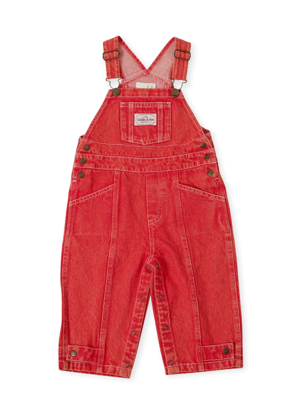 Goldie & Ace Blake Vintage Washed Denim Overalls in apple red, featuring adjustable straps and leg snaps.
