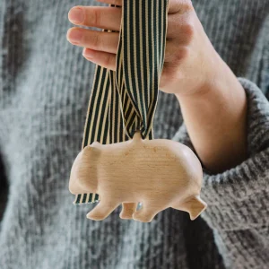 Platypus and Wombat beech-wood Christmas ornaments with ribbon loops