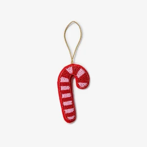 Bonnie & Neil Candy Cane Beaded Christmas Decoration – hand-beaded ornament in pink and green tones with gold hanging loop