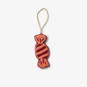 Bonnie & Neil Bon Bon Beaded Christmas Decoration – hand-beaded ornament in pink, green and rust with gold hanging loop