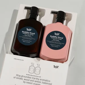 Leif Limited Edition Holiday Buddha Wood Hand Duo gift set – large amber bottles with festive packaging