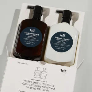 Leif Limited Edition Holiday Flannel Flower Hand Duo gift set – large amber bottles with festive packaging