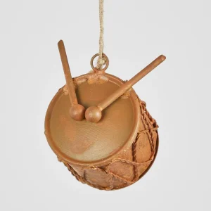Rundle Drum Rustic Hanging Ornament – rust-finished iron drum with rope hanger, approx 6 cm diameter