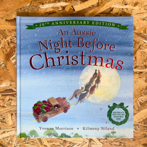 “An Aussie Night Before Christmas” board book cover – Santa in shorts, ute pulled by kangaroos, Australian summer Christmas