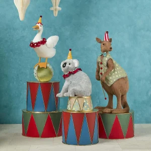 Animal Carnival Ornament Series – koala on platform, kangaroo with baton, duck with green ball decorations