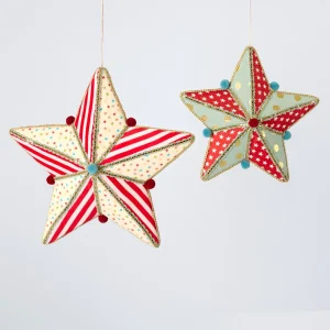 Carnival Hanging Star Collection – iron hanging star ornaments in red & green, red stripe, green and pink