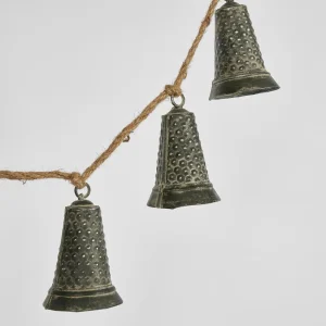 Hanging Bell Garland Charcoal – charcoal zinc-finish iron bells strung on natural cord, approx 89 cm long