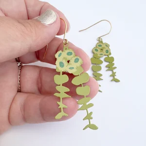 Denz & Co Eucalyptus Blossom Earrings – bright green eucalyptus leaves with white blossom detail