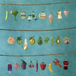Sugared Fruit & Vegetable Ornament Collection – glittered strawberry, chilli, lemon, banana and peas in pod hanging decorations