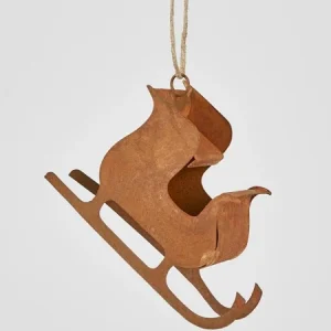 Hanging Sled Ornament – small rust-finish iron sled ornament with rope loop