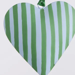La Dolce Vita Heart Tree Decoration — iron heart ornament in striped red, yellow or green, available in large (15 cm) and small (10 cm)